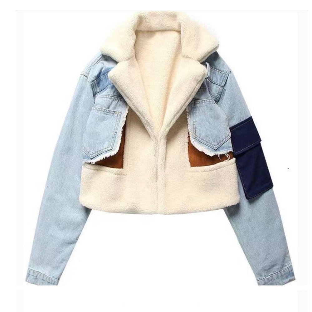 Women’s Cream Sherpa & Light Blue Denim Cropped Jacket